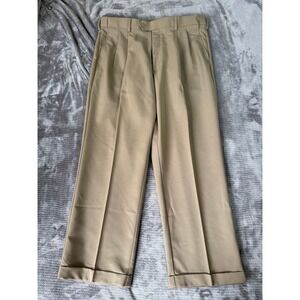 Savane Mens Tan Pleated Dress Pants 36x28 Khaki Polyester‎ Cuffed Trousers.